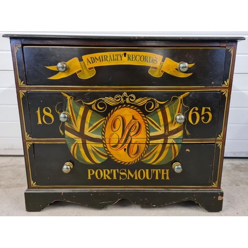 1466 - An early 20th century 3 drawer satin wood chest with later naval Admiralty records painted decoratio... 