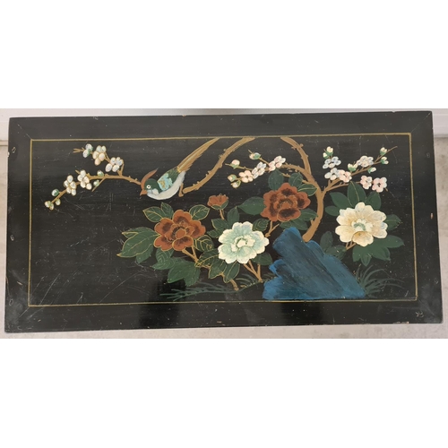 1472 - A vintage Chinese black lacquer 2 door cupboard with hand painted floral & bird detail. With decorat... 