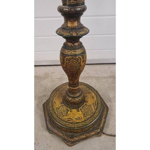 1482 - A vintage Chinese green lacquer standard lamp with twisted design column and octagonal base. Painted... 