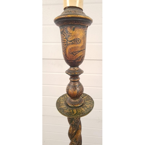 1482 - A vintage Chinese green lacquer standard lamp with twisted design column and octagonal base. Painted... 