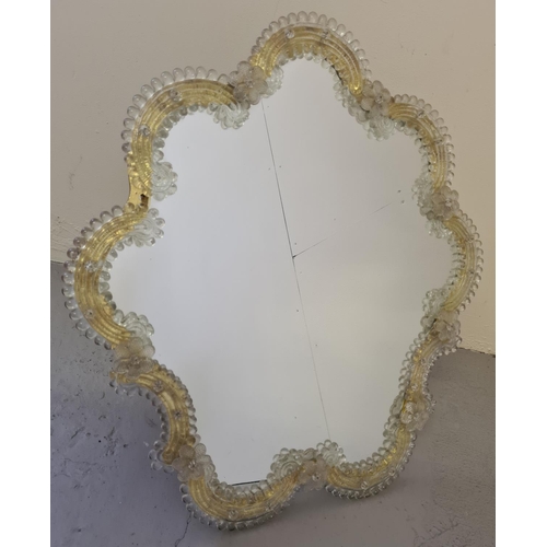 1365 - A vintage Italian Murano glass framed mirror with floral detail. Decoratively shaped free standing m... 