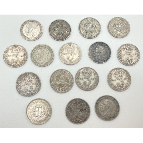 1217 - A collection of antique and vintage silver 3 pence coins. Sovereign heads of George V and VI. Total ... 