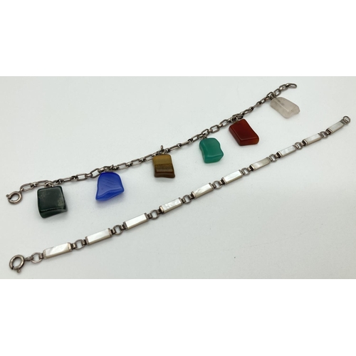 1078 - 2 vintage silver bracelets with semi precious stones. A 7