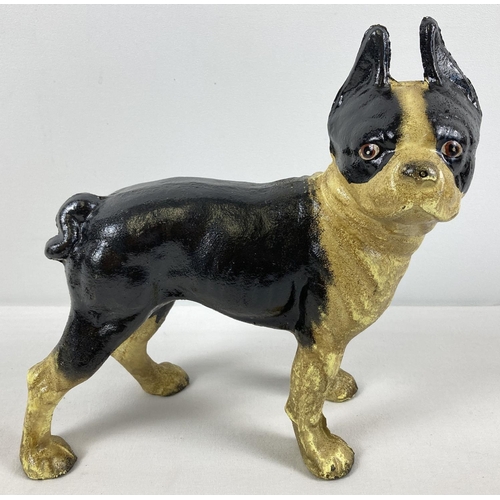 1248 - A painted cast iron figurine of a French Bulldog, in black and cream. Approx. 25cm x 23cm.