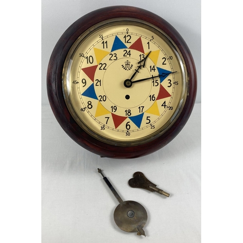 1255 - A wooden cased wall hanging fusee clock with bevel edged glass. Face marked with 12 hour, 24 hour an... 