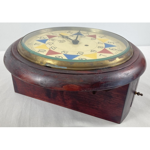 1255 - A wooden cased wall hanging fusee clock with bevel edged glass. Face marked with 12 hour, 24 hour an... 