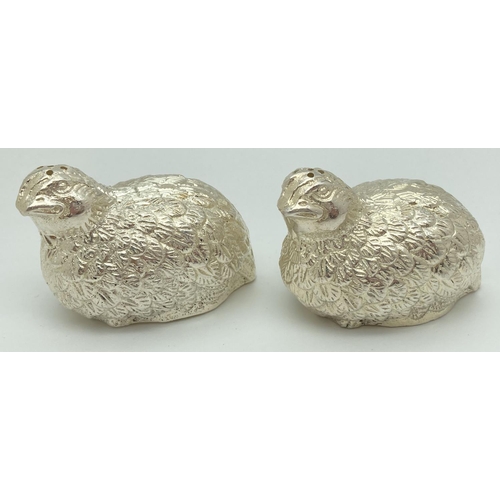 1211 - A modern novelty silver plated salt and pepper cruet in the form of partridge's. Each approx. 4.5cm ... 