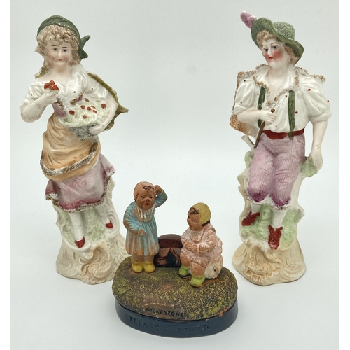 1295 - A pair of continental ceramic figurines together with a vintage French pottery souvenir ornament fro... 