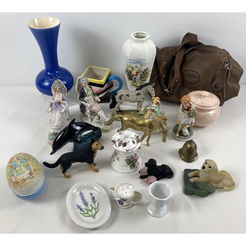 1372 - A box of assorted misc items to include Poole pottery dolphin, brass horse figure, resin dog ornamen... 