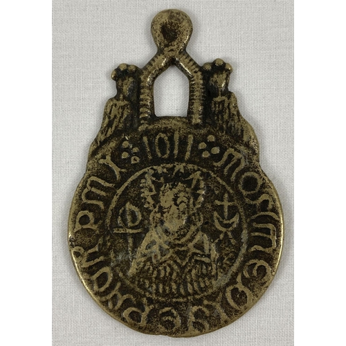 1376 - A Billy & Charley medieval style brass medallion. Depicting a male figure to one side and female fig... 