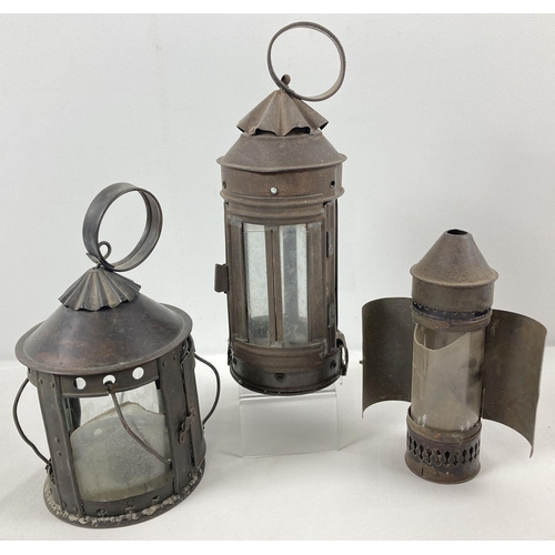 1250 - 3 vintage metal portable glass panelled candle lanterns. Glass to 2 a/f. Tallest approx. 28cm includ... 