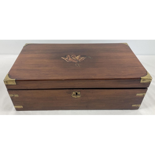 1386 - A Victorian Cherry wood writing box with brass banding, escutcheon & corners. Interior faux leather ... 