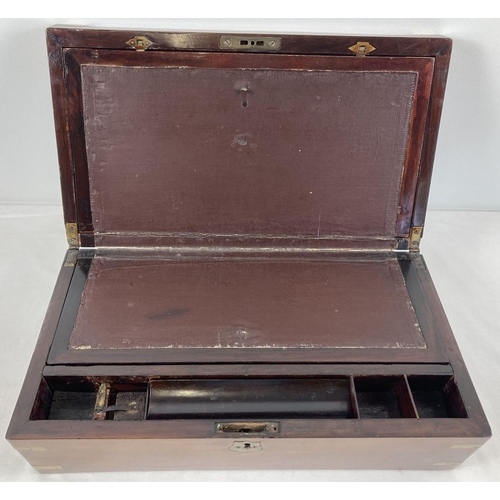 1386 - A Victorian Cherry wood writing box with brass banding, escutcheon & corners. Interior faux leather ... 