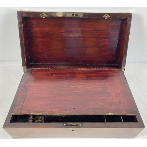 1386 - A Victorian Cherry wood writing box with brass banding, escutcheon & corners. Interior faux leather ... 