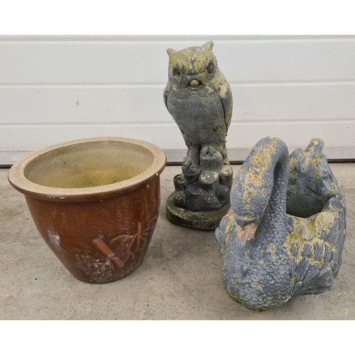 1421 - 3 vintage garden pots and ornaments. A concrete owl figure, a concrete planter in the form of a swan... 