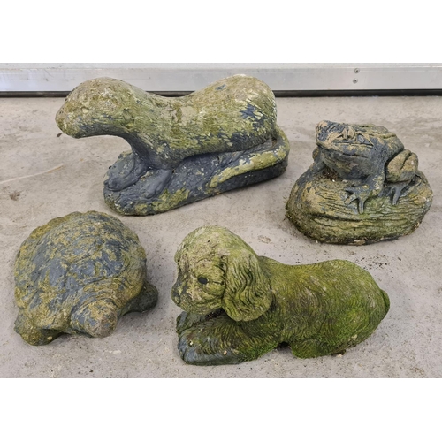 1424 - 4 vintage concrete garden ornaments of animals. An otter, frog, tortoise and a dog. Largest (otter) ... 