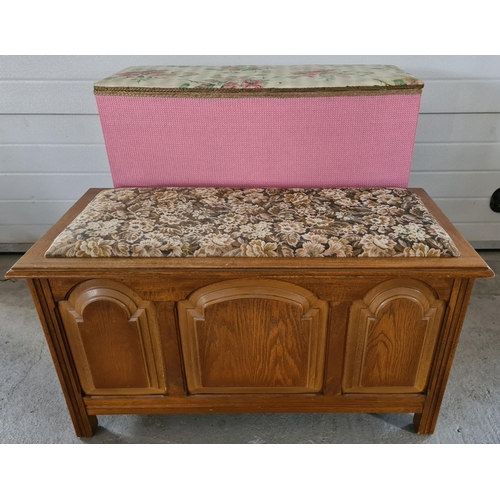 1487 - 2 vintage large linen chests with hinged lift up lids. A mid century loom basket, painted pink with ... 