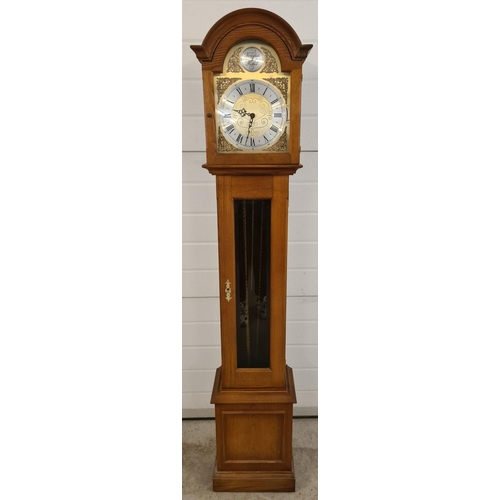 1257 - A mid century light wood cased Tempus Fugit grandmother clock. Brushed brass face with decorative pi... 