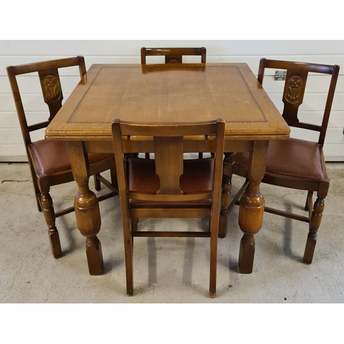 1492 - A vintage mid century dark wood drawer leaf dining table and 4 chairs. Chunky acorn design table leg... 