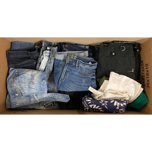 77 - A large box of assorted womens denim jeans and trousers.