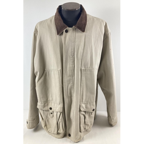 65 - A men's cream heavy canvas utility jacket with brown suede collar, by Jeep. Zip and press stud faste... 