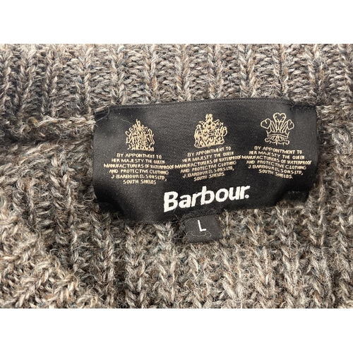 72 - A men's chunky knit fisherman's style green fleck jumper by Barbour. Size L. Barbour label to neck o... 