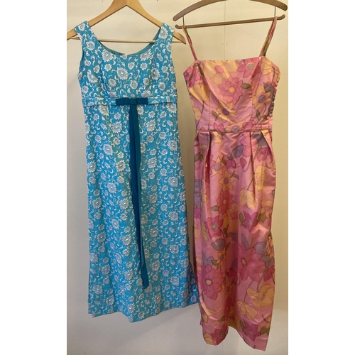 227 - 2 1960's sleeveless evening dresses. Turquoise dress with cream floral decoration and silver lurex t... 