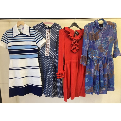 230 - 4 vintage dresses in varying styles. Comprising: Tricsville stripped dress, Jersey Masters London re... 