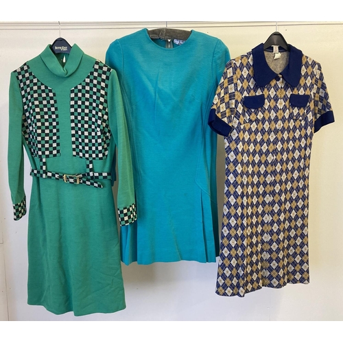 234 - 3 vintage jersey style day dresses. A green black and white check detail dress by Donna Gay, a blue,... 