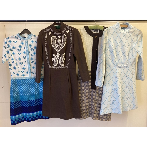 236 - 4 vintage 1960's day dresses. A pale blue and turquoise patterned dress with front button detail, a ... 