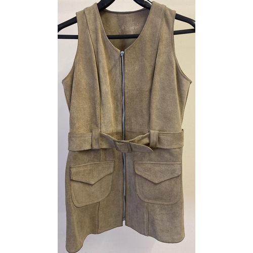 239 - A 1970's womens light brown suede longline waistcoat with front zip fastening, 2 front pockets and b... 