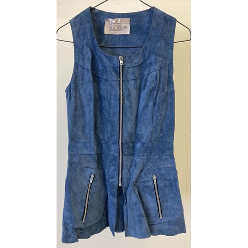 243 - A vintage 1970's zip front blue suede longline waistcoat with two zipped front pockets. Size 12.