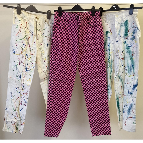 256 - 3 pairs of 1980's jeans, 2 with colourful paint splatter decoration, 1 by Pepe, both marked BBC to i... 