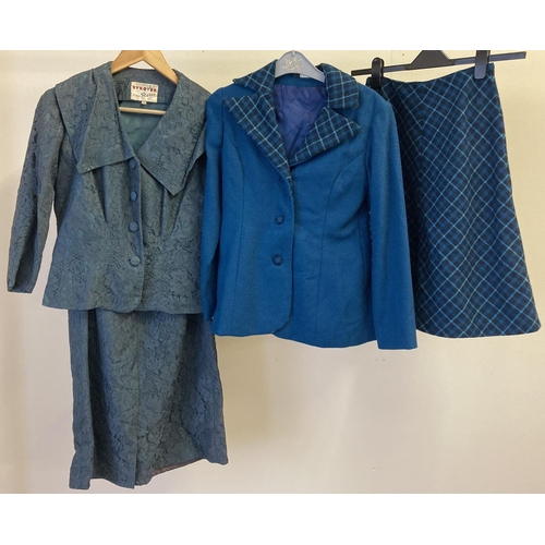 271 - 2 vintage 1960's 2 piece skirt suits in green/blue tones. To include lace detailed suit by Roter.