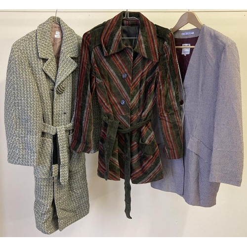 272 - 3 women's vintage coats and jackets to include tweed style wool and striped velour.