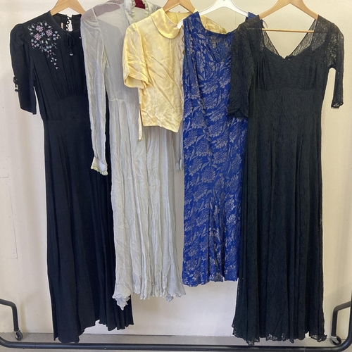 275 - 5 items of vintage 1940's style clothing to include evening dresses, satin blouse and a chiffon hous... 