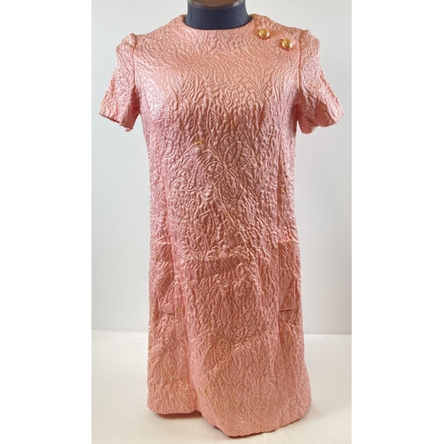 278 - A vintage 1960's Miss Dior designer quilted floral brocade pink mini dress. Half belt detail to back... 