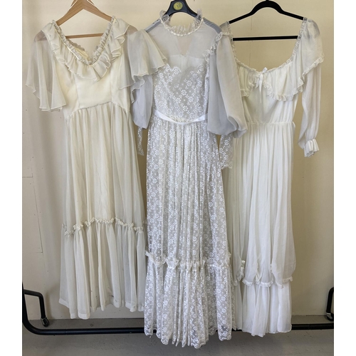 283 - 3 vintage 1970's chiffon wedding dresses, 1 with lace overlay detail.