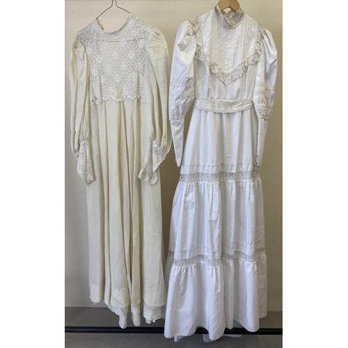 292 - 2 long sleeved vintage 1970's wedding dresses. A cream A line dress with crochet lace to front & cuf... 