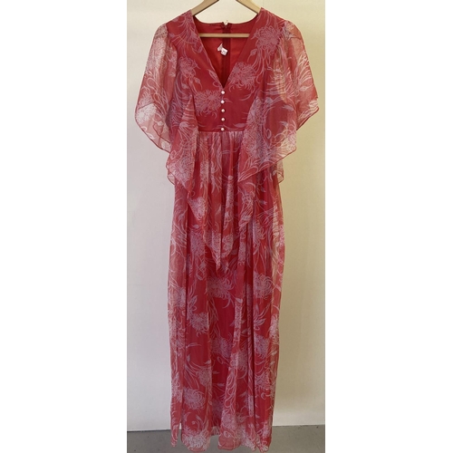 297 - A read and white vintage 1970's floral patterned chiffon overlay maxi dress. With angel sleeves and ... 