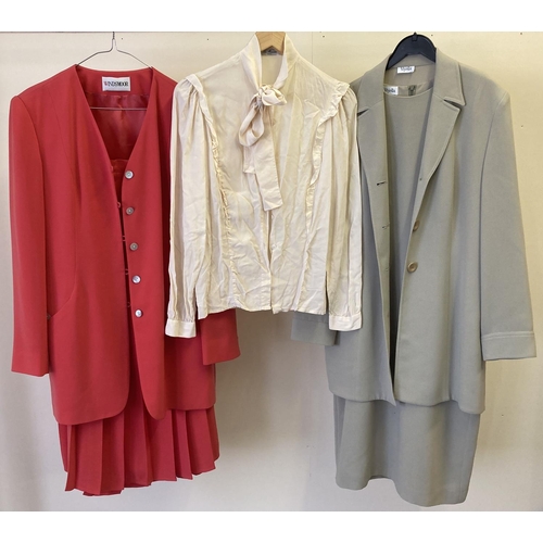 302 - 2 women's vintage 1980's 2 piece suits together with a cream blouse with neck tie detail. Coral pink... 