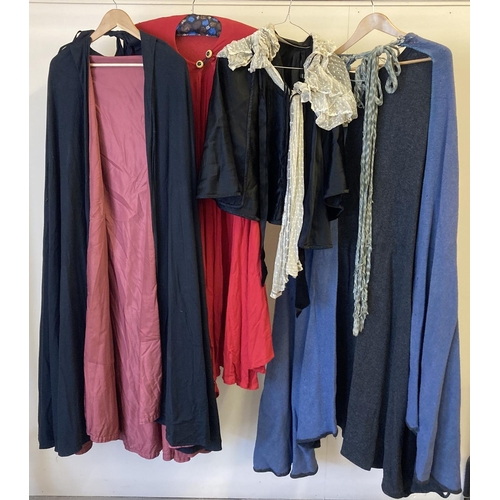 94 - 4 vintage theatre costume capes, 3 long length and 1 shorter. To include tie and button fastening.