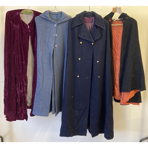 95 - 4 vintage theatre costume capes, to include burgundy crushed velvet and wool examples.