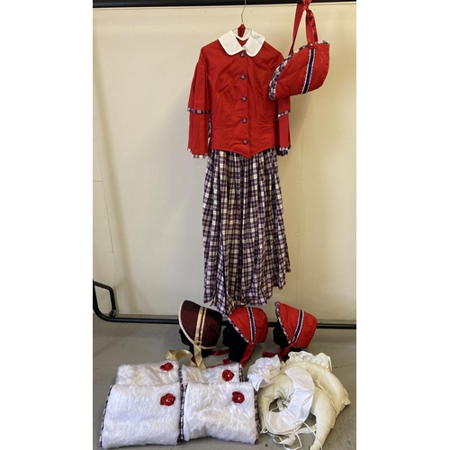 98 - A theatre costume 2 piece period dress together with matching bonnets, muffs, collars, sleeves and b... 