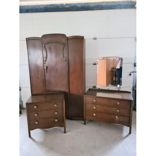 1491 - A mid century Chancellor furniture dark wood 3 piece bedroom suit. Single door wardrobe, 3 drawer dr... 