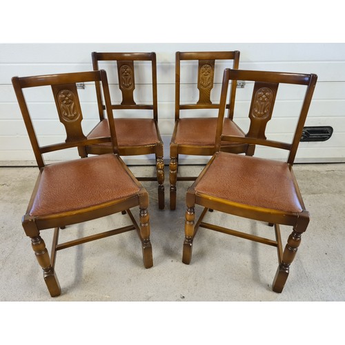 1492 - A vintage mid century dark wood drawer leaf dining table and 4 chairs. Chunky acorn design table leg... 