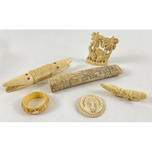 1275 - A collection of antique and vintage bone and ivory carved items. To include napkin ring, peacock bro... 