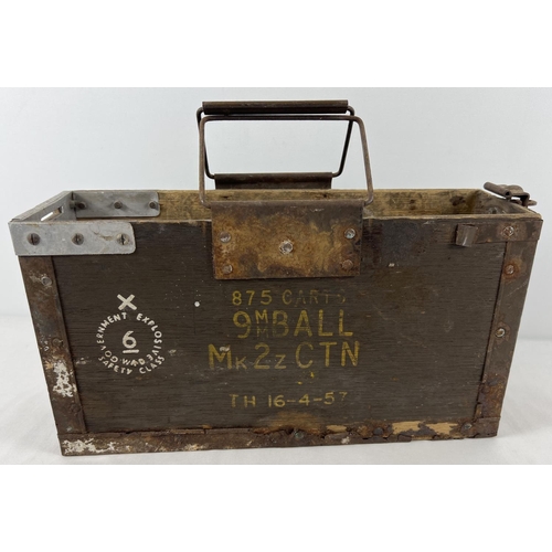 56 - A 9mm wooden field magazine ammo box with painted, stencilled markings. Approx. 22 x 41 x 12cm, not ... 