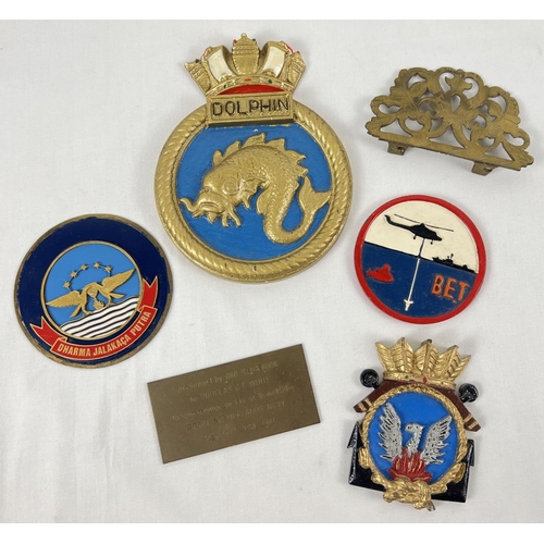 64 - A collection of 6 assorted vintage Naval plaques, in brass, chalk and resin. To include: HMS Dolphin... 