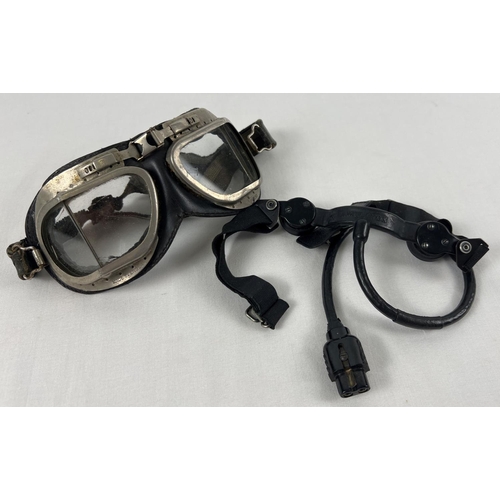 66 - A pair of WWII leather mounted Mk8 goggles together with a 'Amplivox' throat mic as used in Bombers.